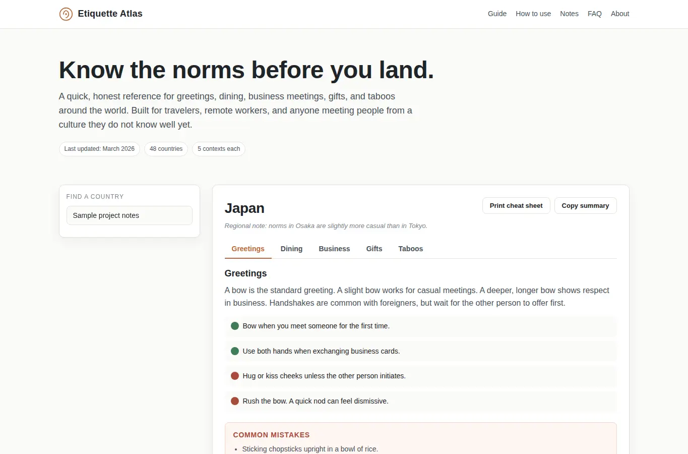 Screenshot of Cultural Etiquette Quick Guide interface showing the project page in use